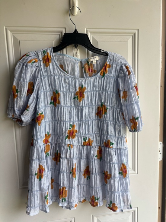 Umgee Tops - Umgee Light Blue Floral Smocked Peplum Dress with Orange Flowers